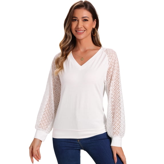 DARING DIVA Women's Lace Sleeve Work Office V Neck Tops M White
