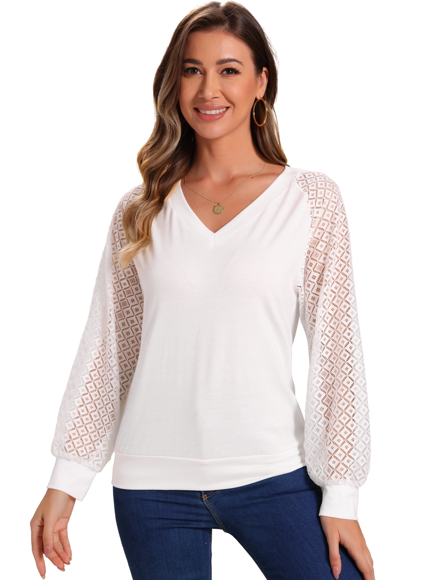 DARING DIVA Women's Lace Sleeve Work Office V Neck Tops S White