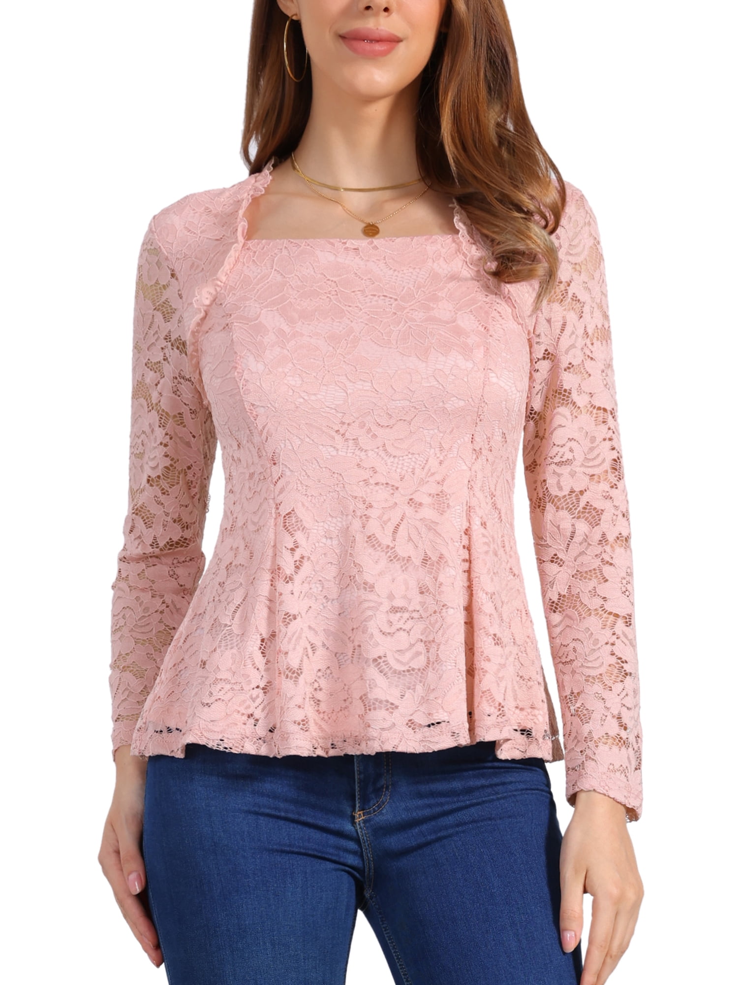 DARING DIVA Women's Lace Square Neck Long Sleeve Stretch Peplum Blouses S Pink