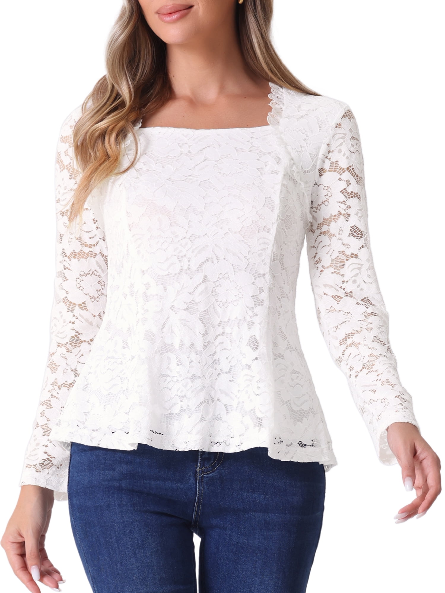 DARING DIVA Women's Lace Square Neck Long Sleeve Stretch Peplum Blouses XL White