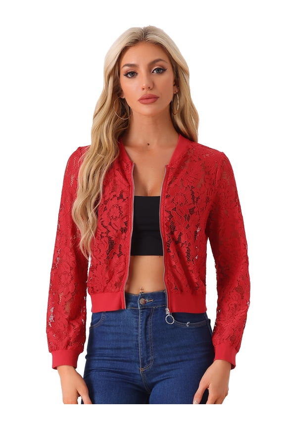 DARING DIVA Women's Lace Stand Collar Zip Up Mesh Sheer Bomber Jacket XS Red