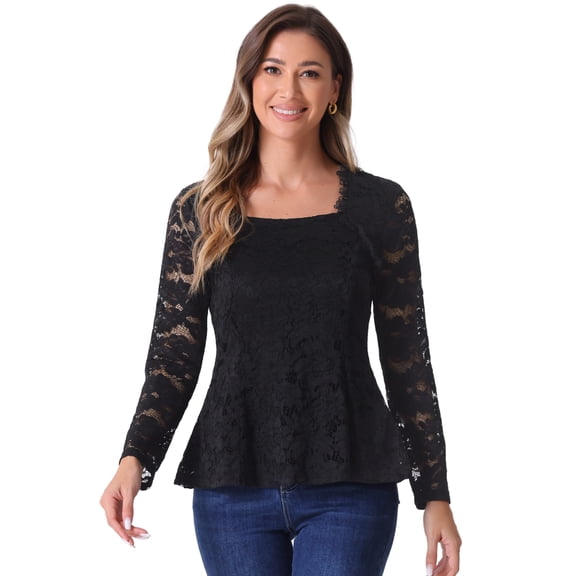 DARING DIVA Women's Lace Stretchy Elegant Casual Peplum Blouses L Black