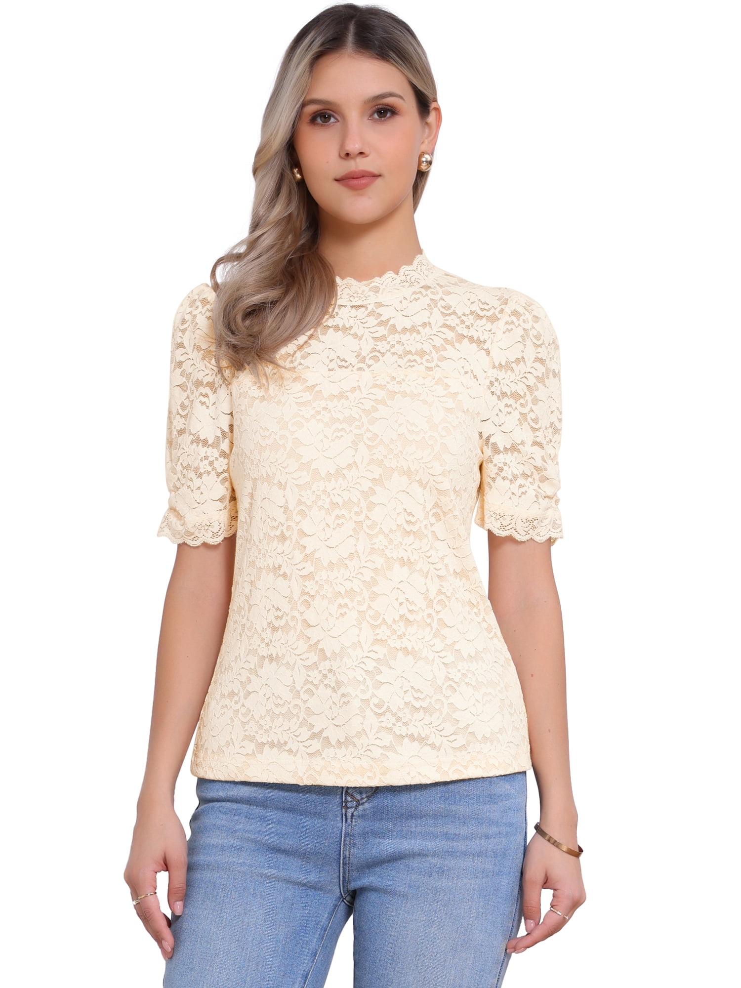 DARING DIVA Women's Lace Tops Mock Neck Puff Short Sleeve Floral Blouses L Apricot