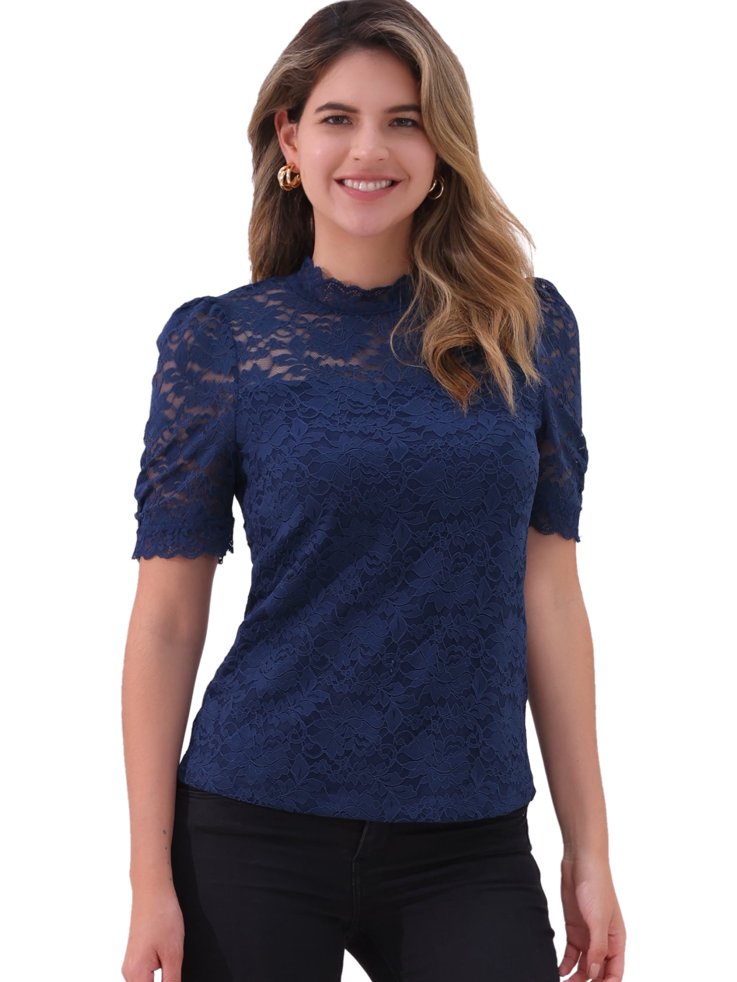 DARING DIVA Women's Lace Tops Mock Neck Puff Short Sleeve Floral Blouses L Dark Blue