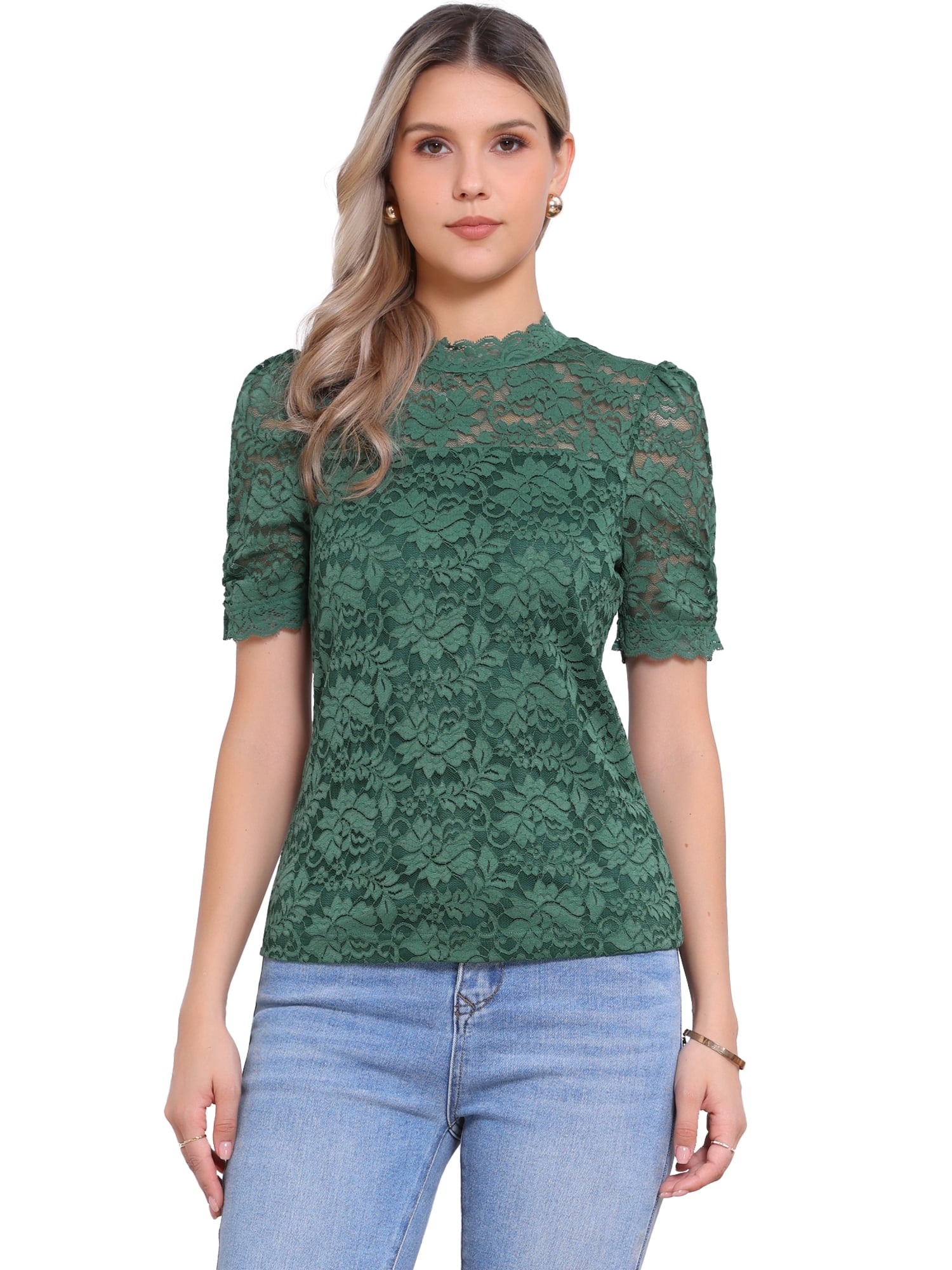 DARING DIVA Women's Lace Tops Mock Neck Puff Short Sleeve Floral Blouses L Dark Green
