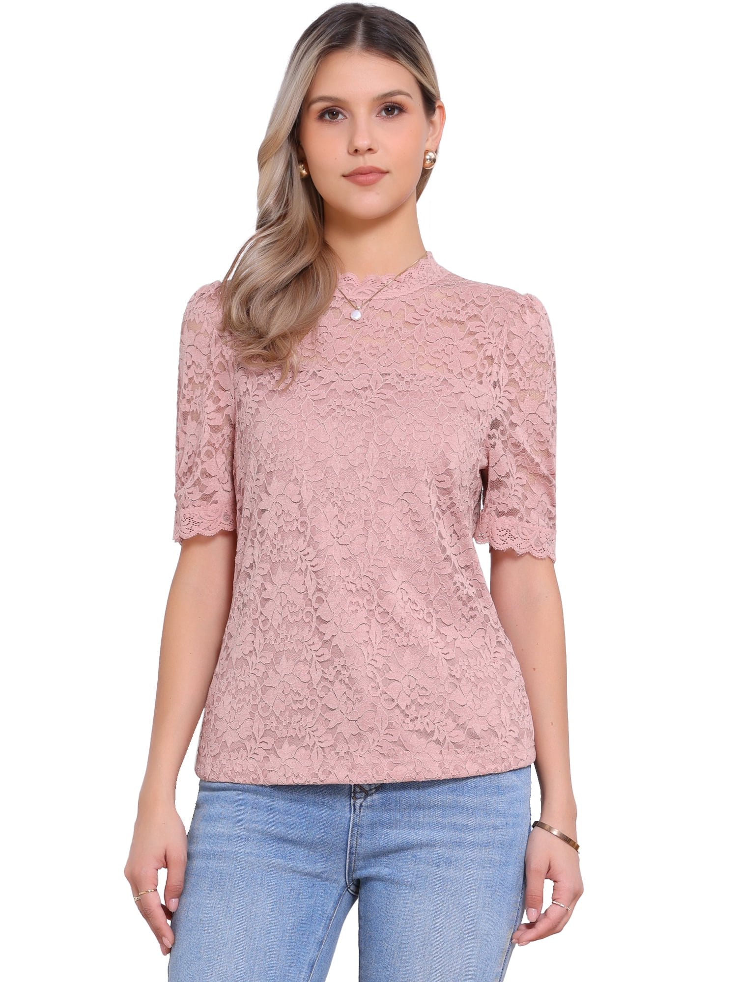DARING DIVA Women's Lace Tops Mock Neck Puff Short Sleeve Floral Blouses S Pink