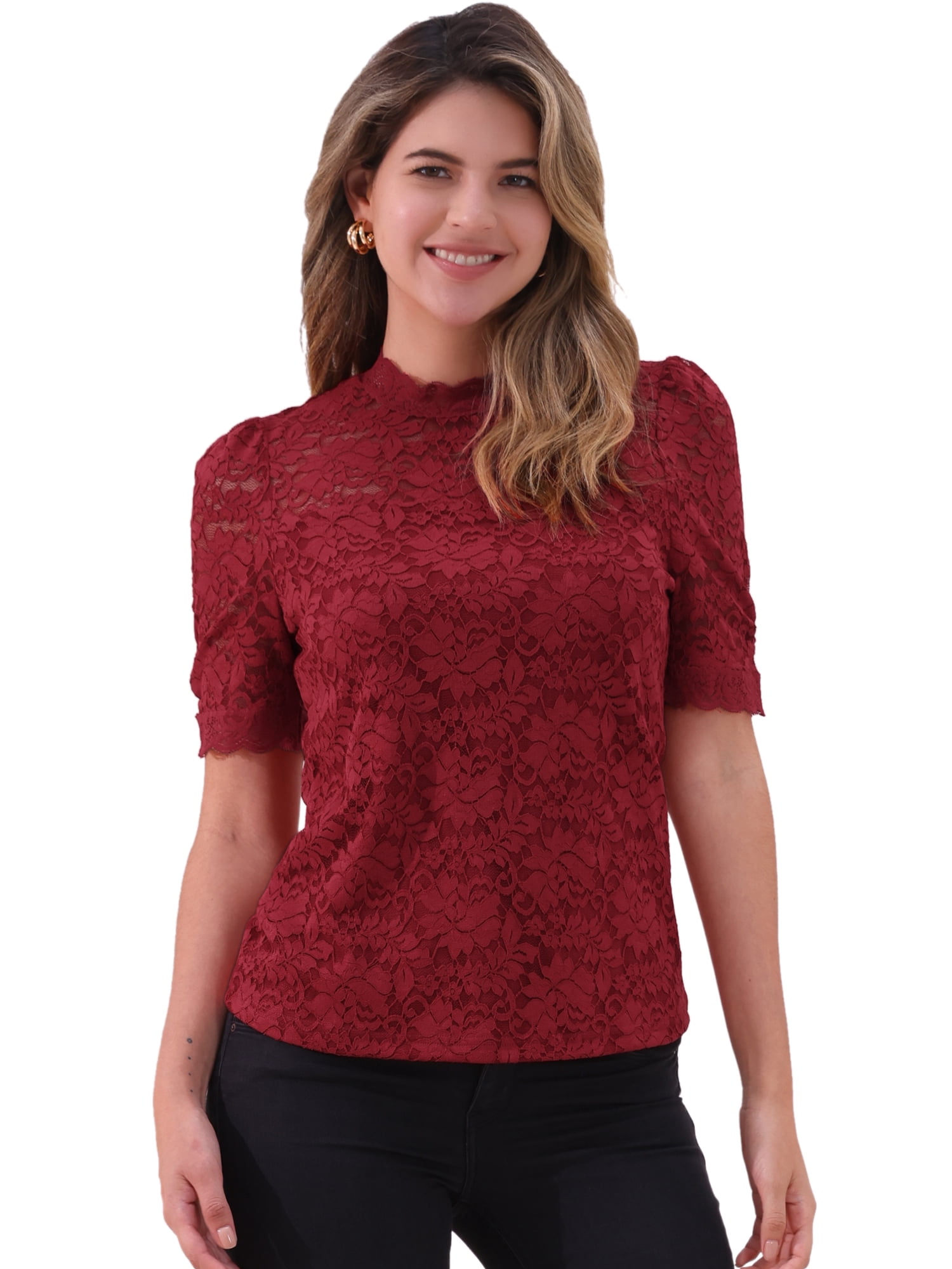 DARING DIVA Women's Lace Tops Mock Neck Puff Short Sleeve Floral Blouses XL Dark Red