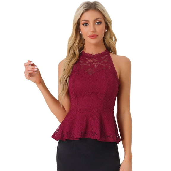DARING DIVA Women's Lace Tops Sheer Sleeveless Tank Top XS Burgundy