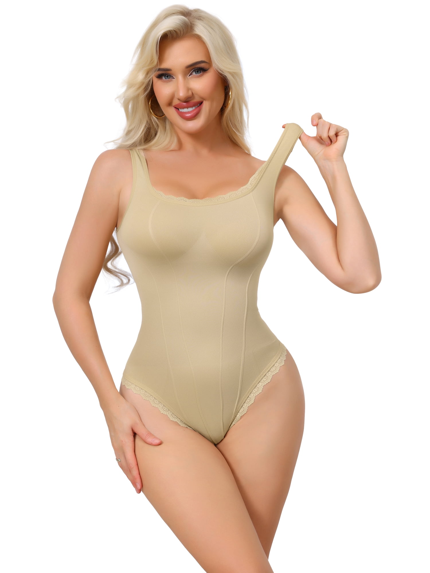 DARING DIVA Women's Lace Trim Bodysuit Square Neck Ribbed Thong M Beige