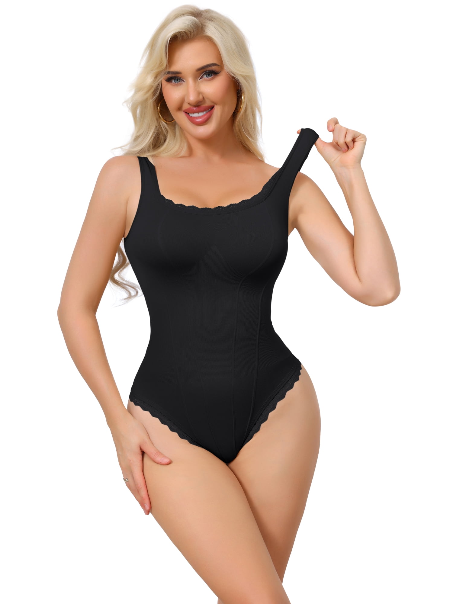 DARING DIVA Women's Lace Trim Bodysuit Square Neck Ribbed Thong S Black