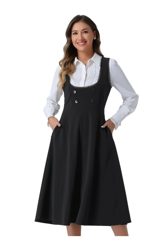 Women's Lace Trim Button Overalls Midi Vintage Pinafore Dress M Black