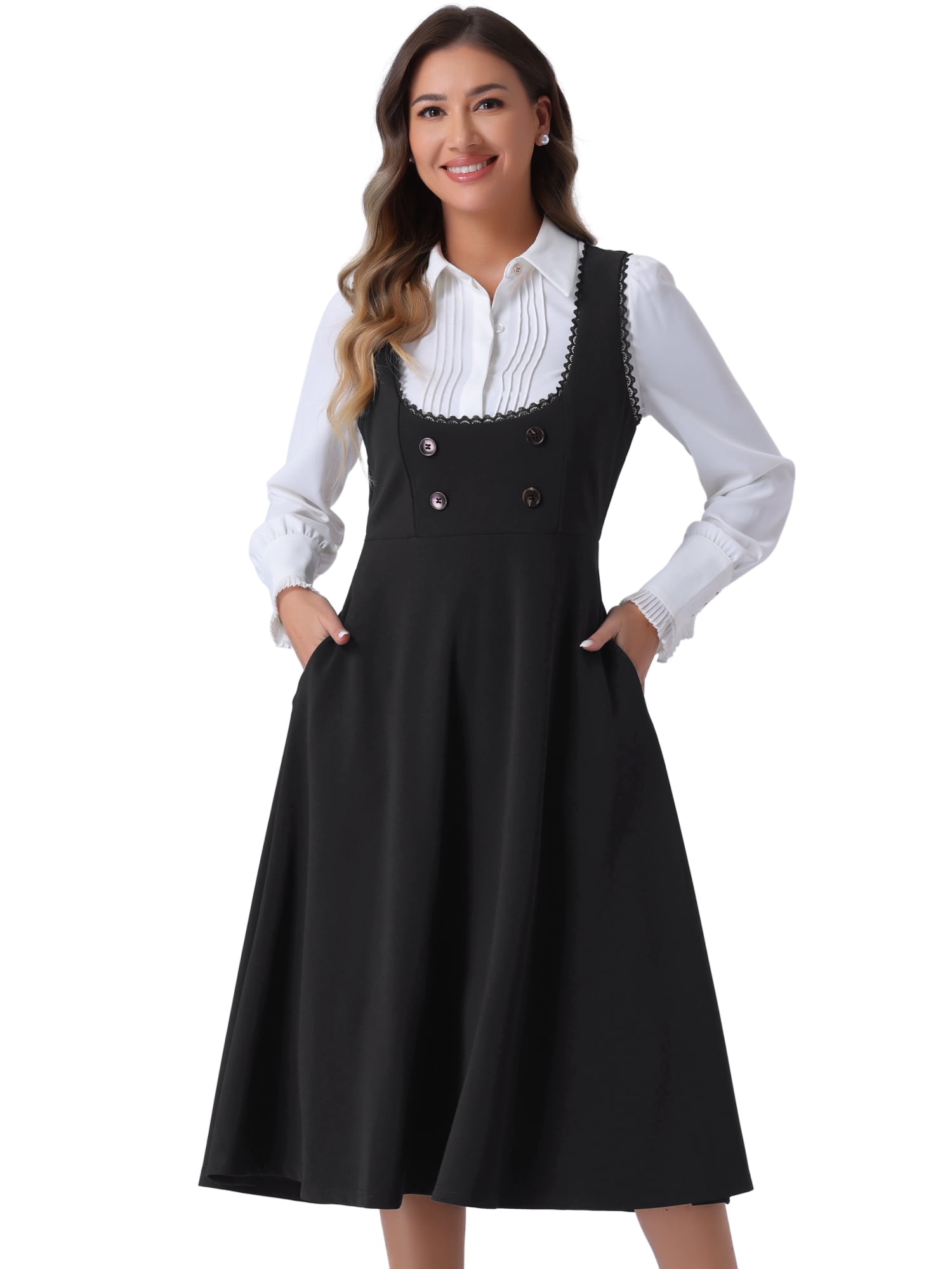 DARING DIVA Women's Lace Trim Button Overalls Midi Vintage Pinafore Dress S Black