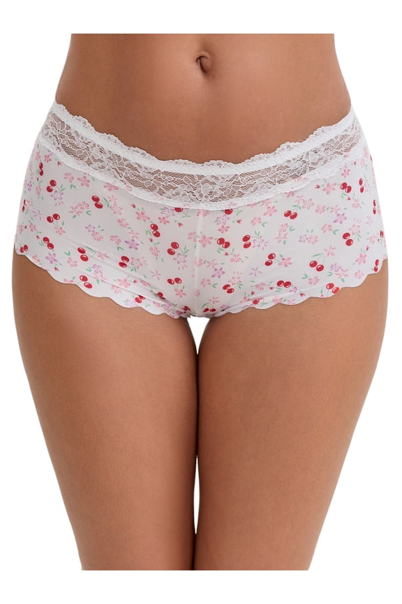Women's Lace Trim Mid-Waisted Seamless Butt Lifting Boyshorts S White