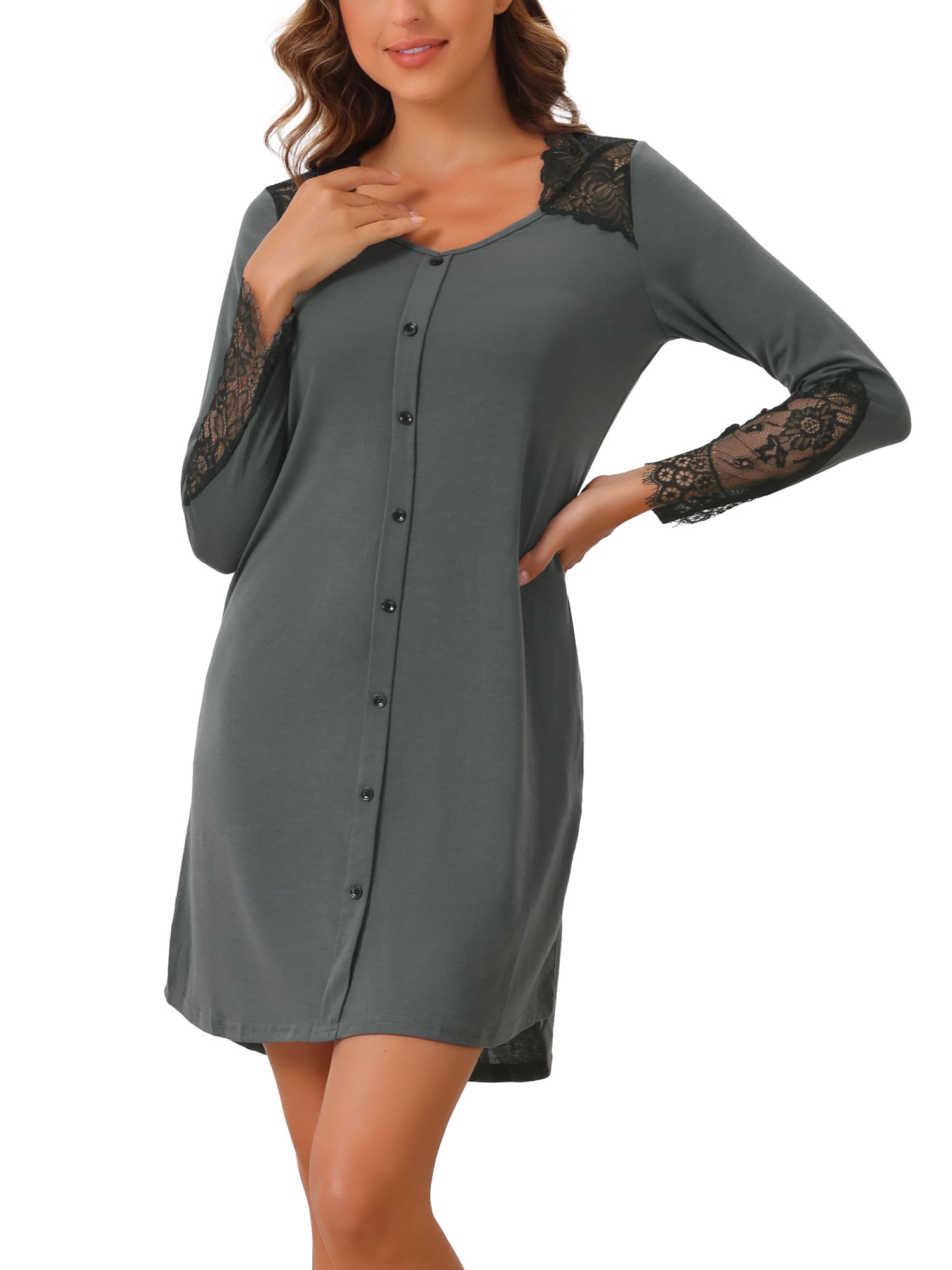 DARING DIVA Women's Lace Trim Pajama Dress V-Neck Long Sleeve Nightgowns XS Gray