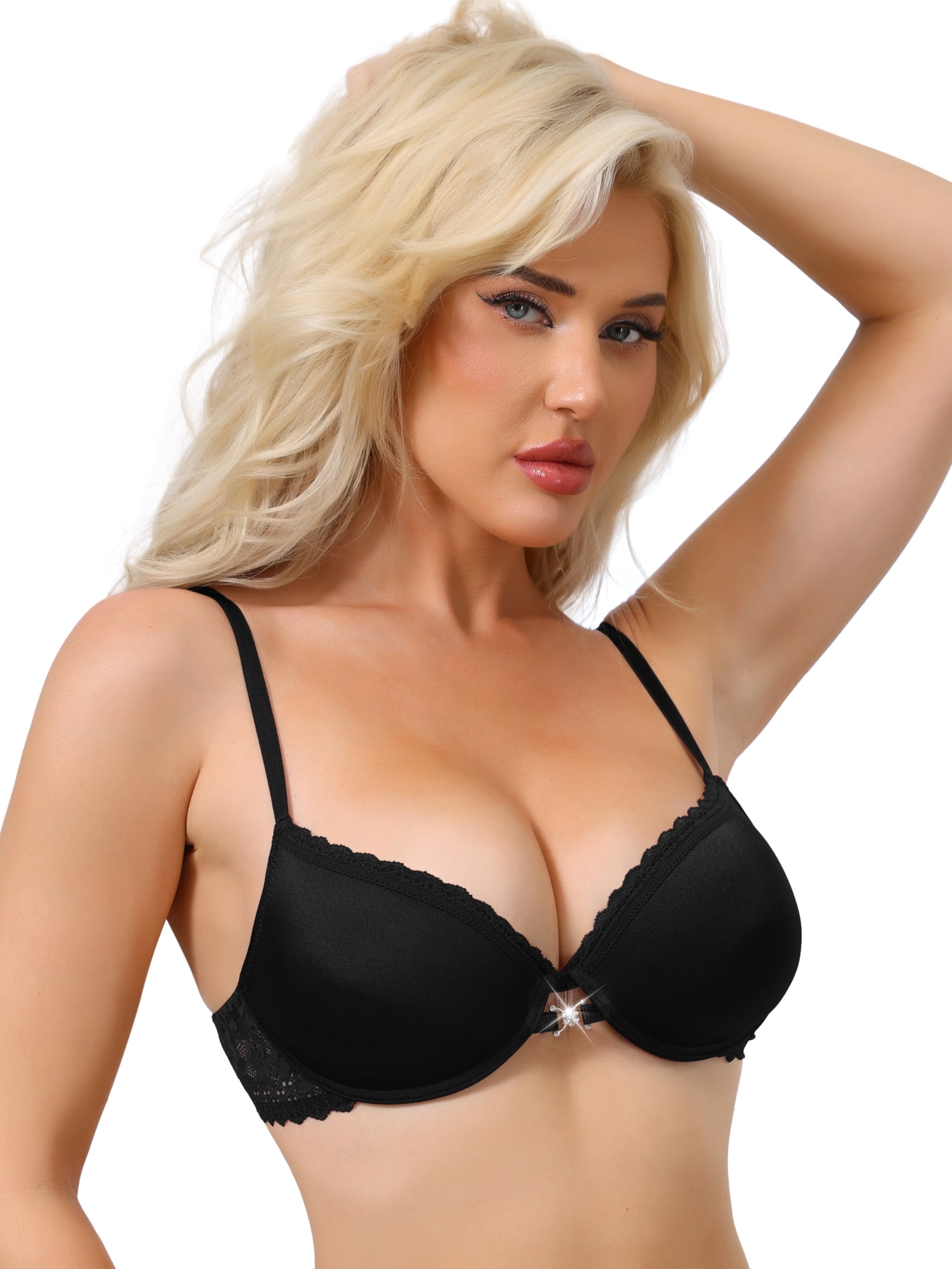 DARING DIVA Women's Lace Trim Push Up Bra with Plunge Adjustable Straps B 38 Black