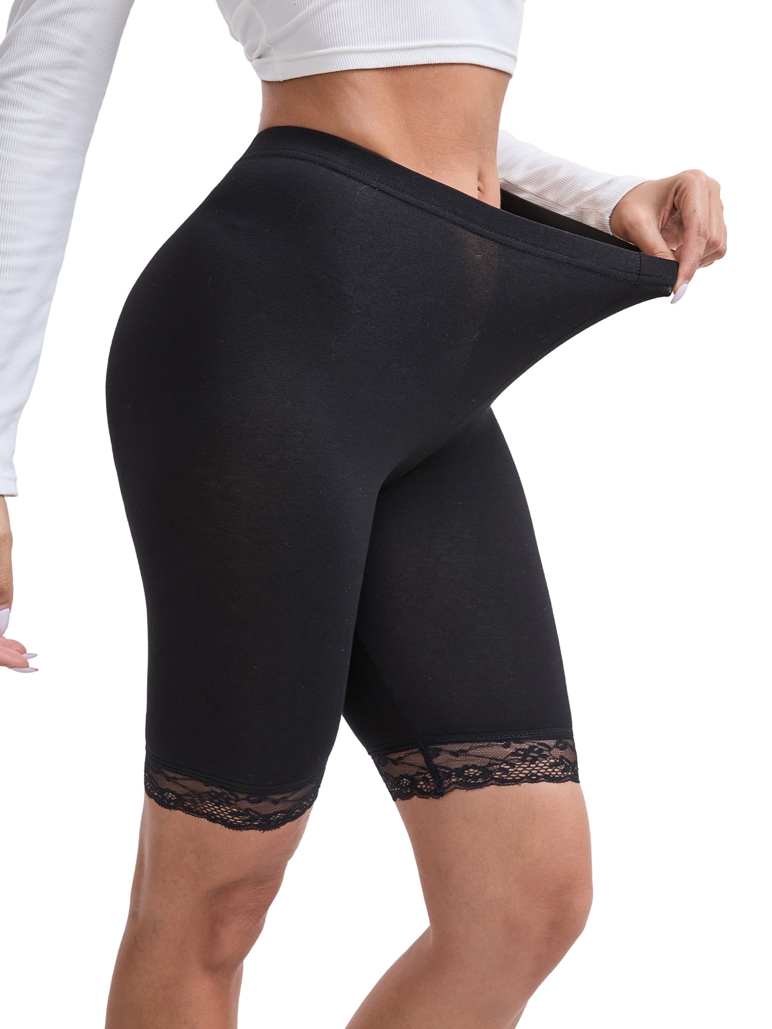 DARING DIVA Women's Lace Trim Soft Control Panties Mid Thigh Slimmer M Black