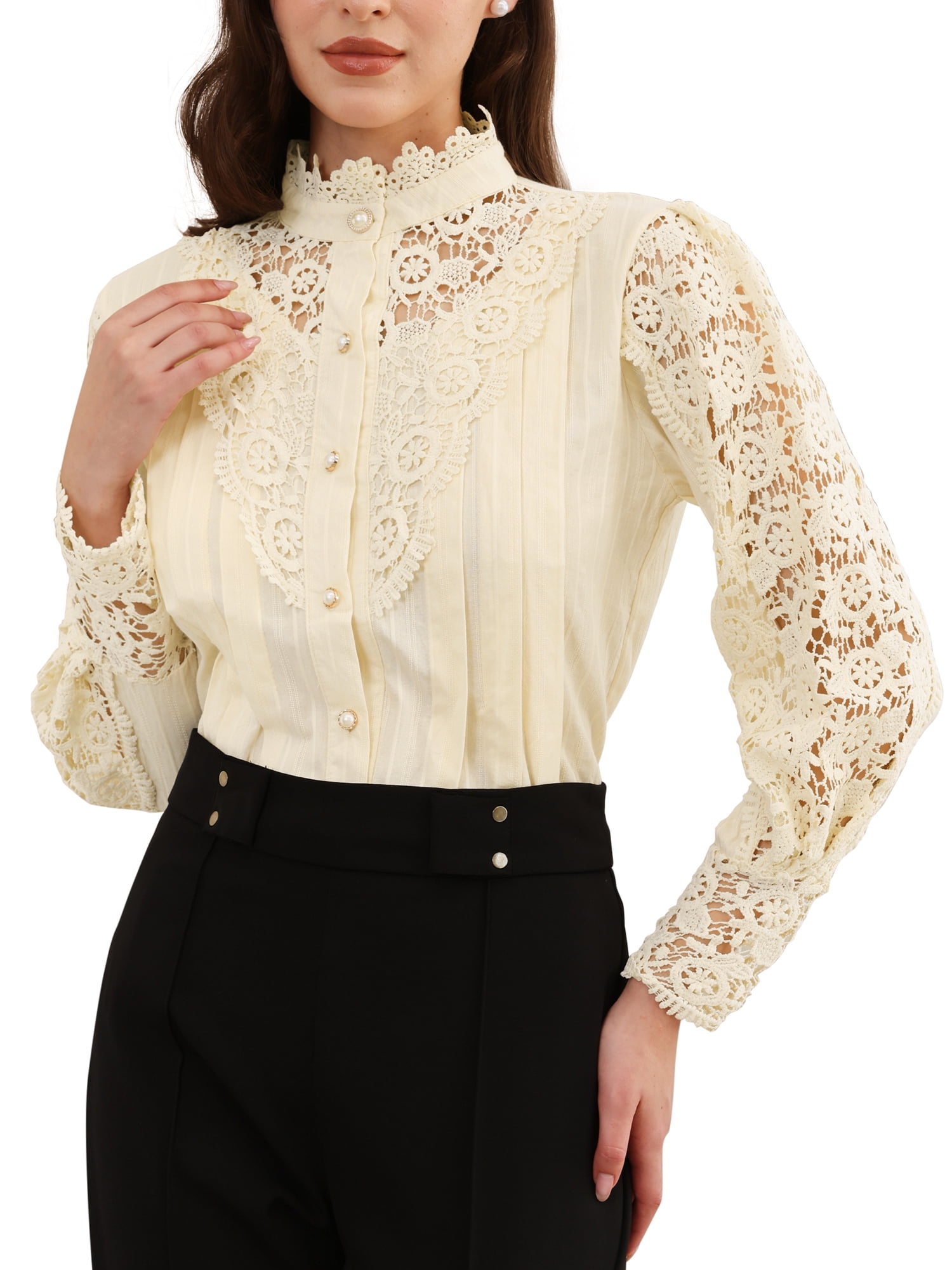 DARING DIVA Women's Lace Trim Top Victorian Long Sleeve Button Down Blouse 2XL Beige