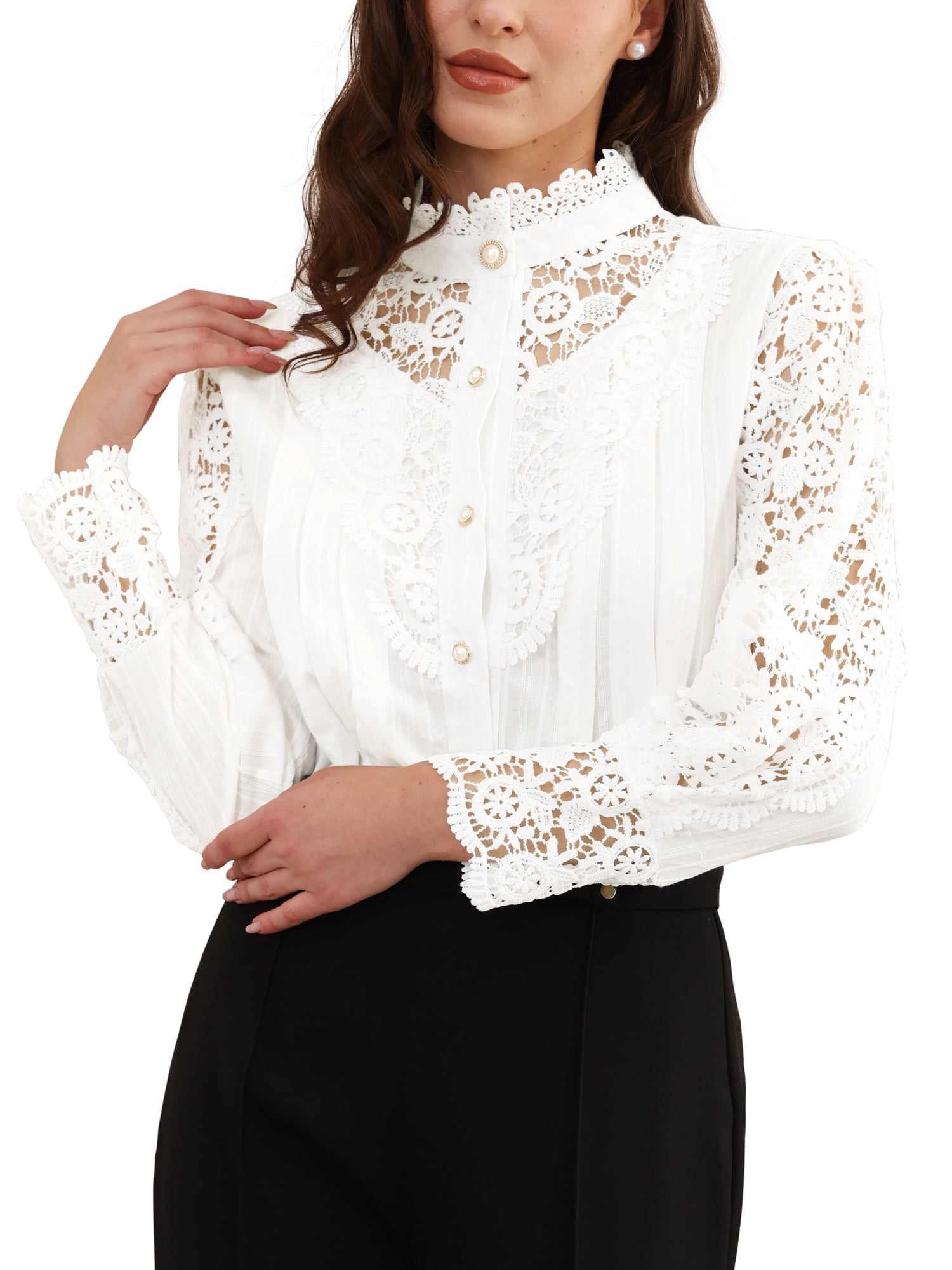 DARING DIVA Women's Lace Trim Top Victorian Long Sleeve Button Down Blouse 2XL White