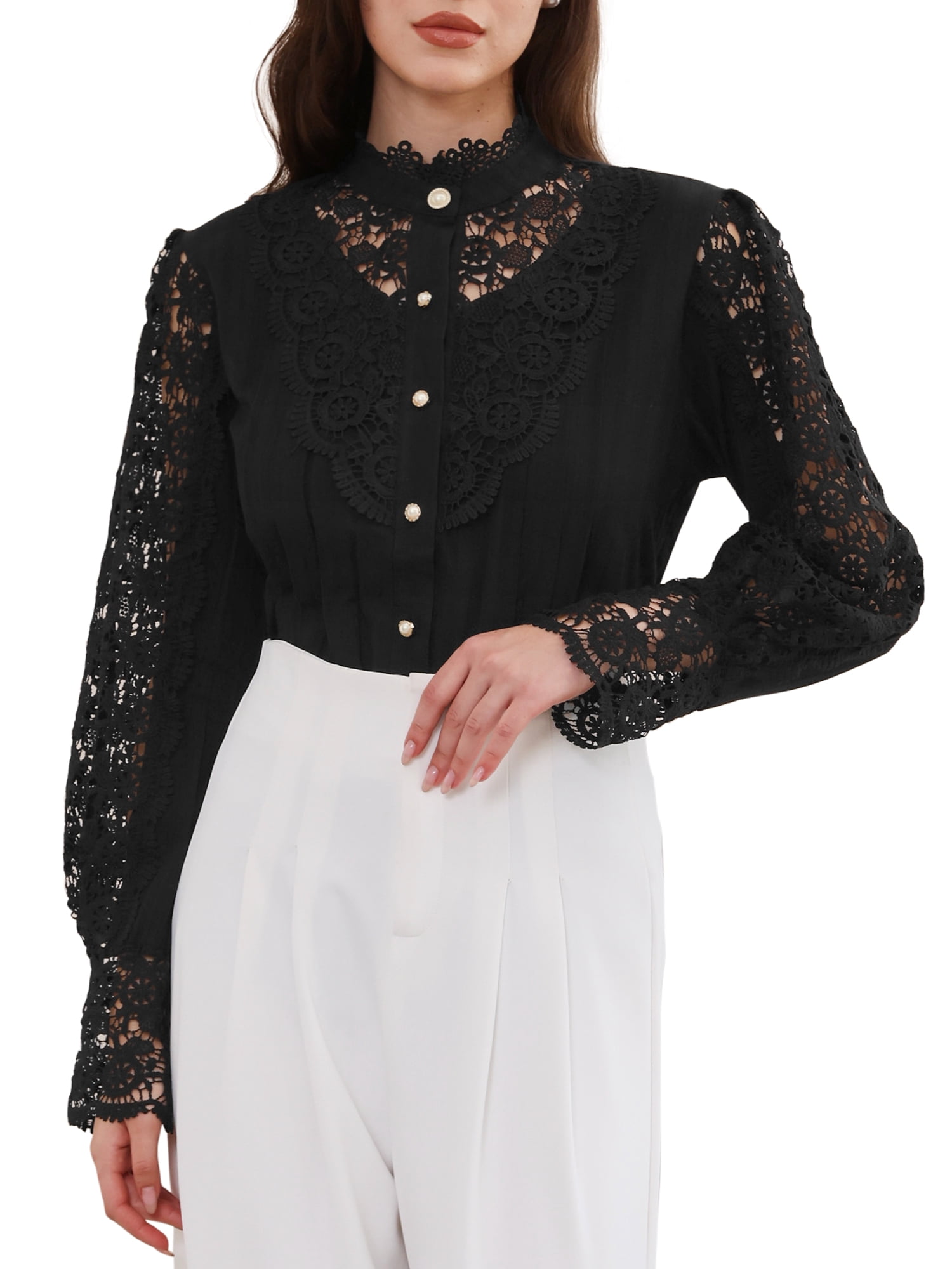 DARING DIVA Women's Lace Trim Top Victorian Long Sleeve Button Down Blouse S Black