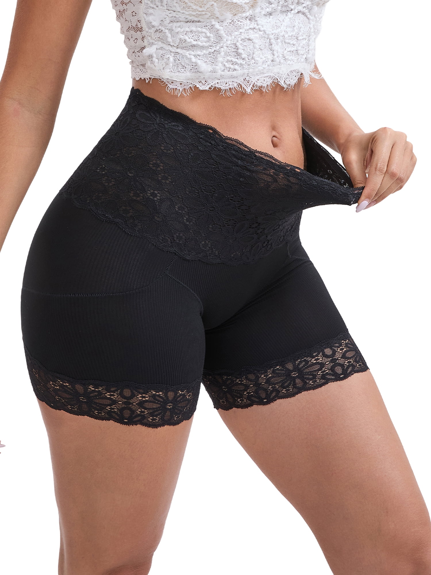 DARING DIVA Women's Lace Trim Tummy Control Slip Butt Lifter Body Shaper L Black