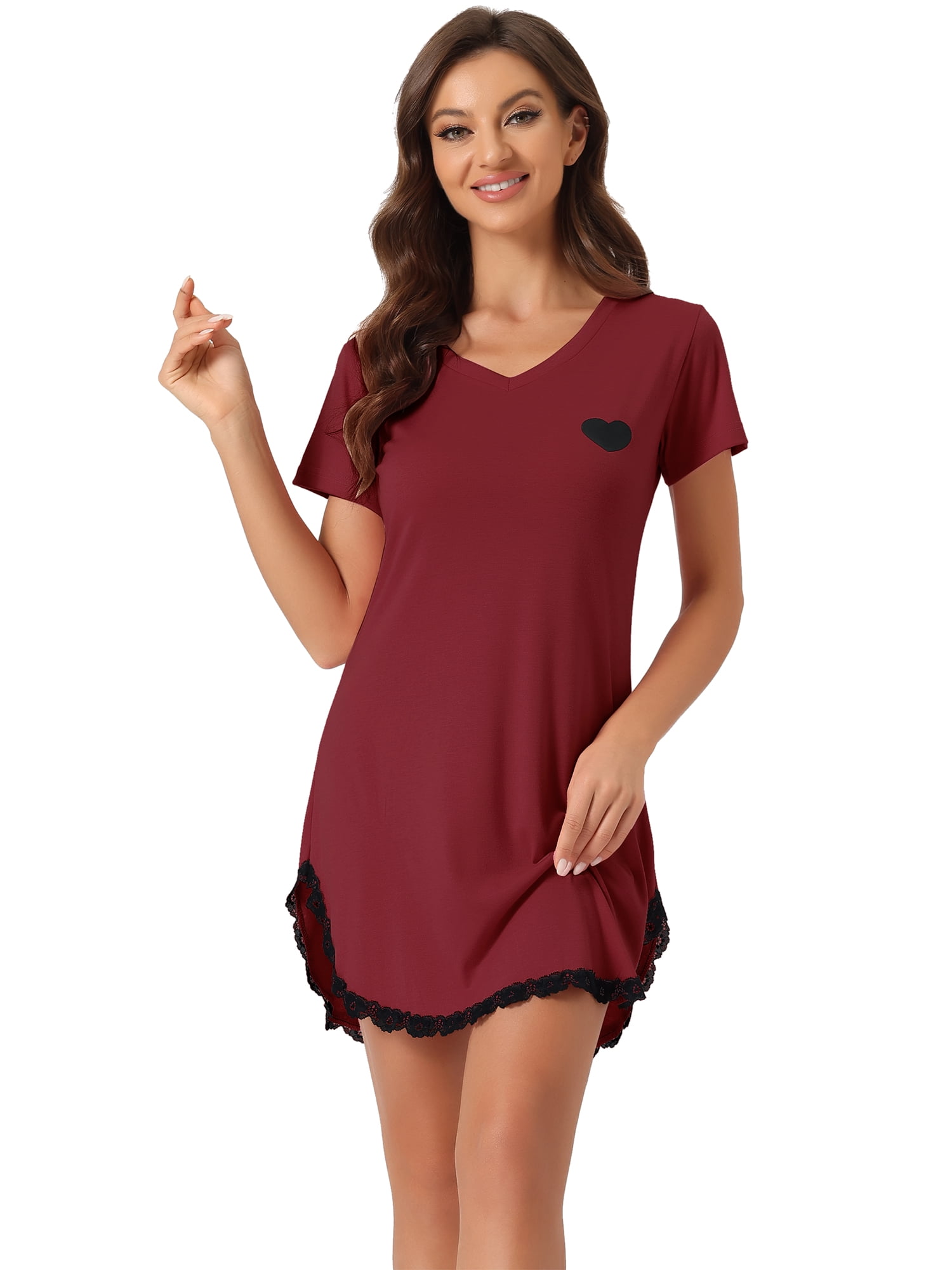 DARING DIVA Women's Lace Trim V-Neck Short Sleeves Lounge Nightgowns L Red