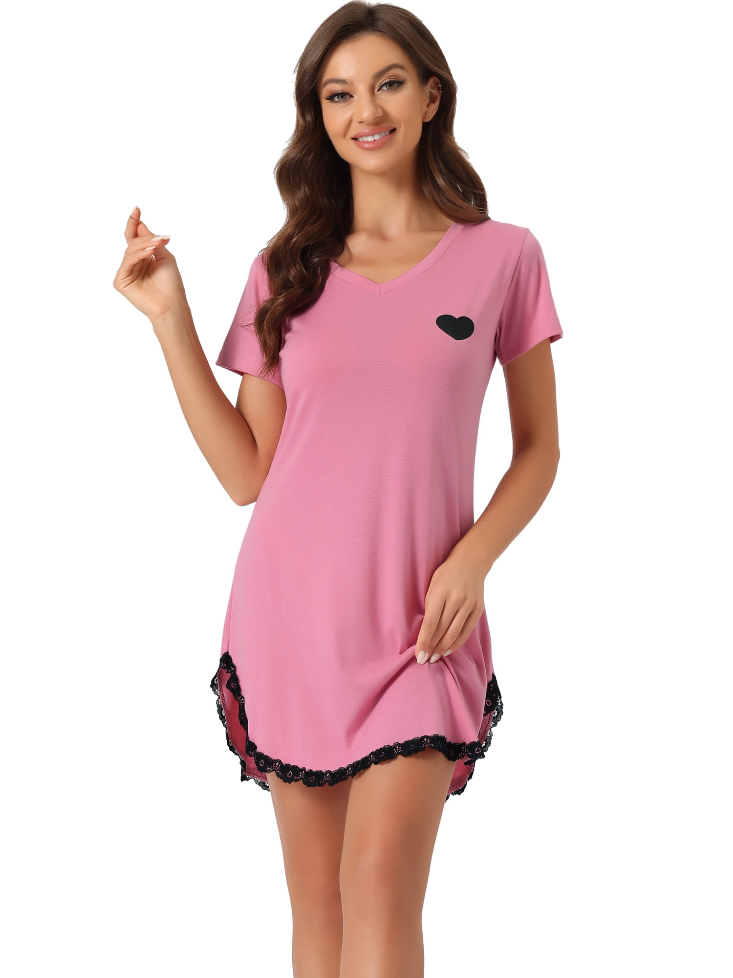 DARING DIVA Women's Lace Trim V-Neck Short Sleeves Lounge Nightgowns XS Pink