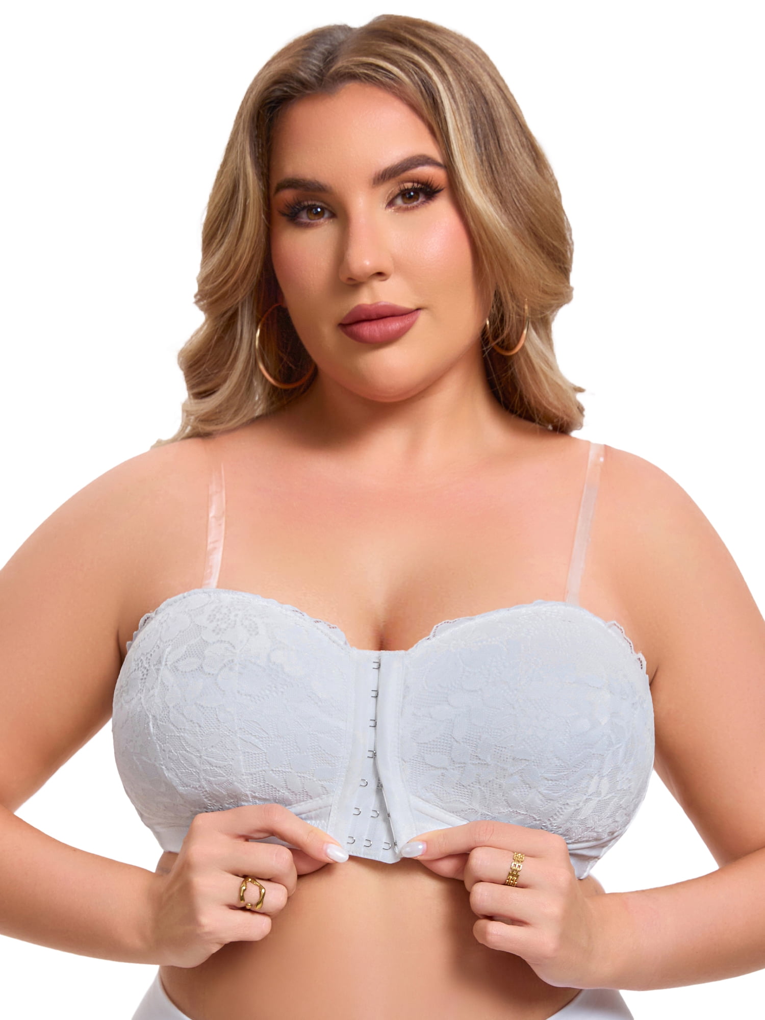DARING DIVA Women's Lace Tube Front Closure Push Up Padded Underwire Bra 2XL White