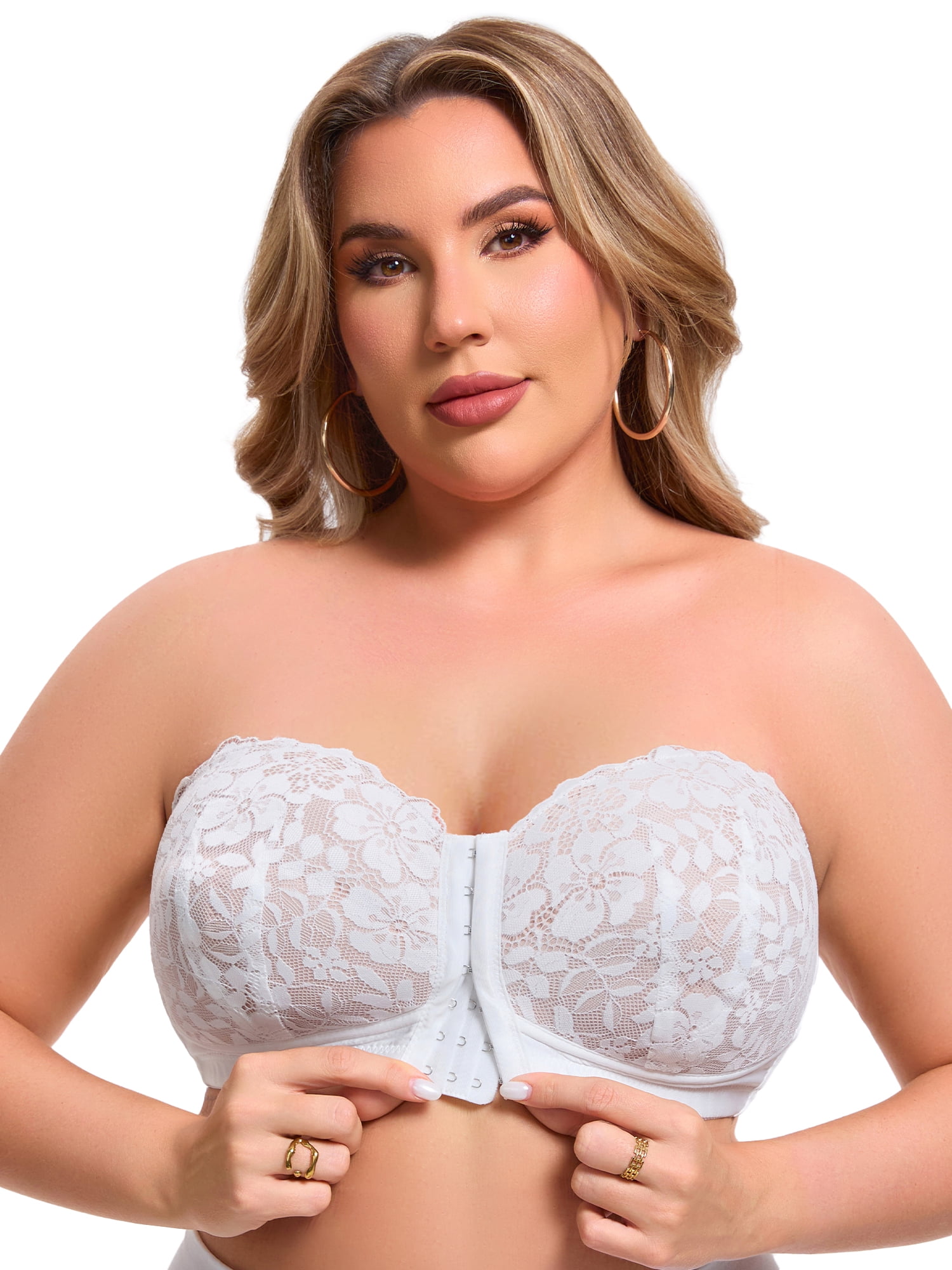 DARING DIVA Women's Lace Tube Front Closure Push Up Padded Underwire Bra 5XL White Beige