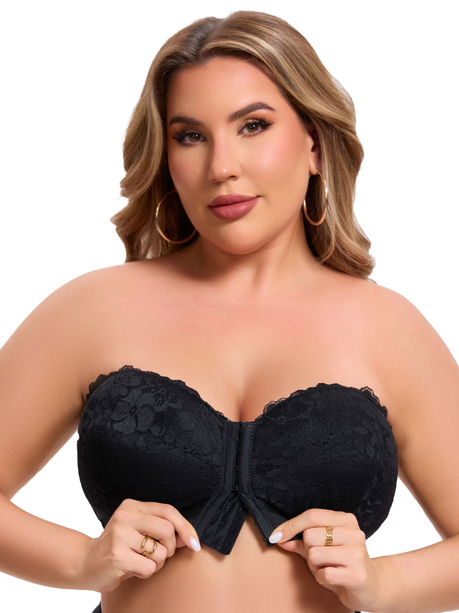DARING DIVA Women's Lace Tube Front Closure Push Up Padded Underwire Bra XL Black