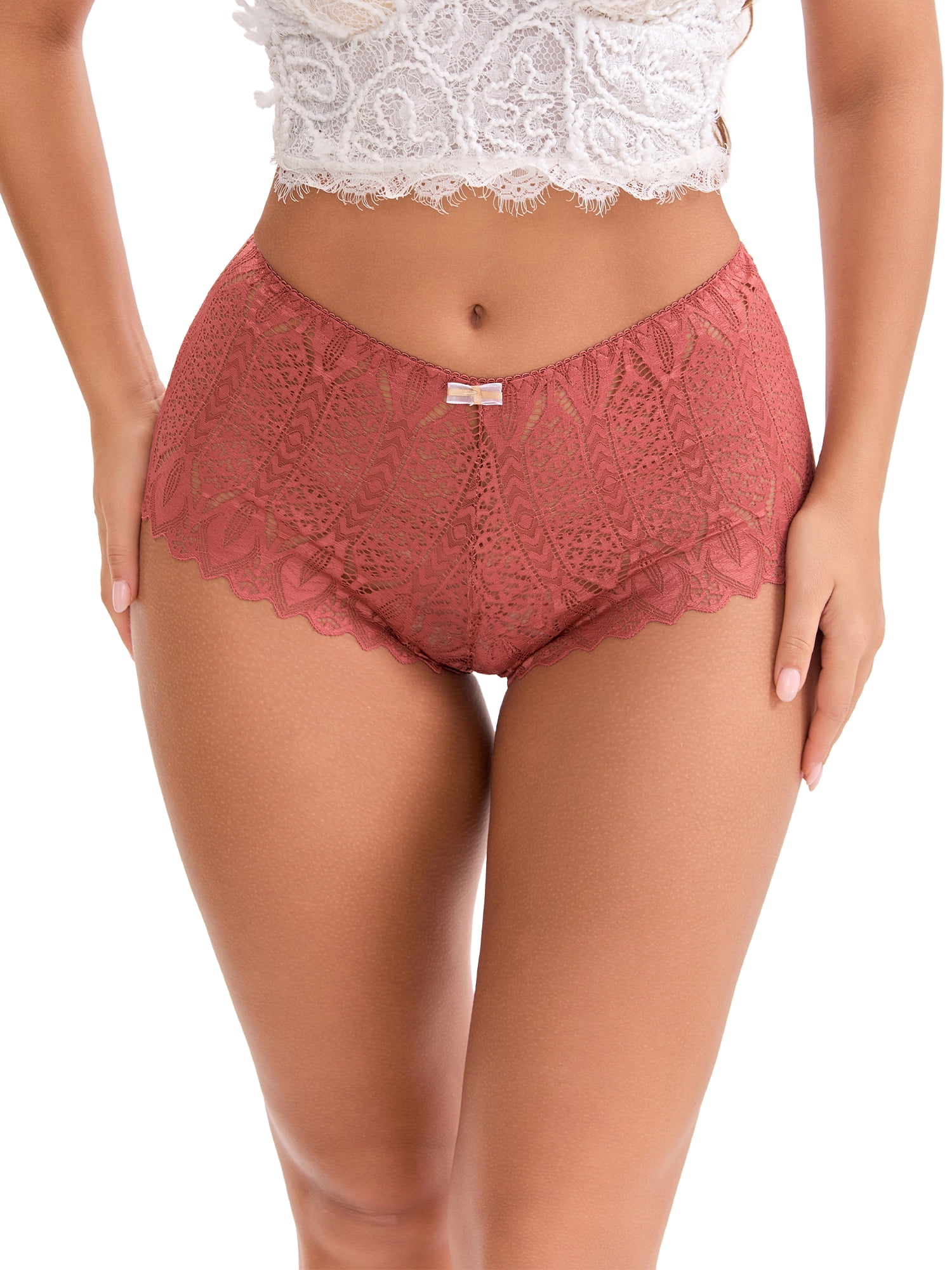 DARING DIVA Women's Underwear Mid Waisted Hollow Out Breathable Panties L Rust Red