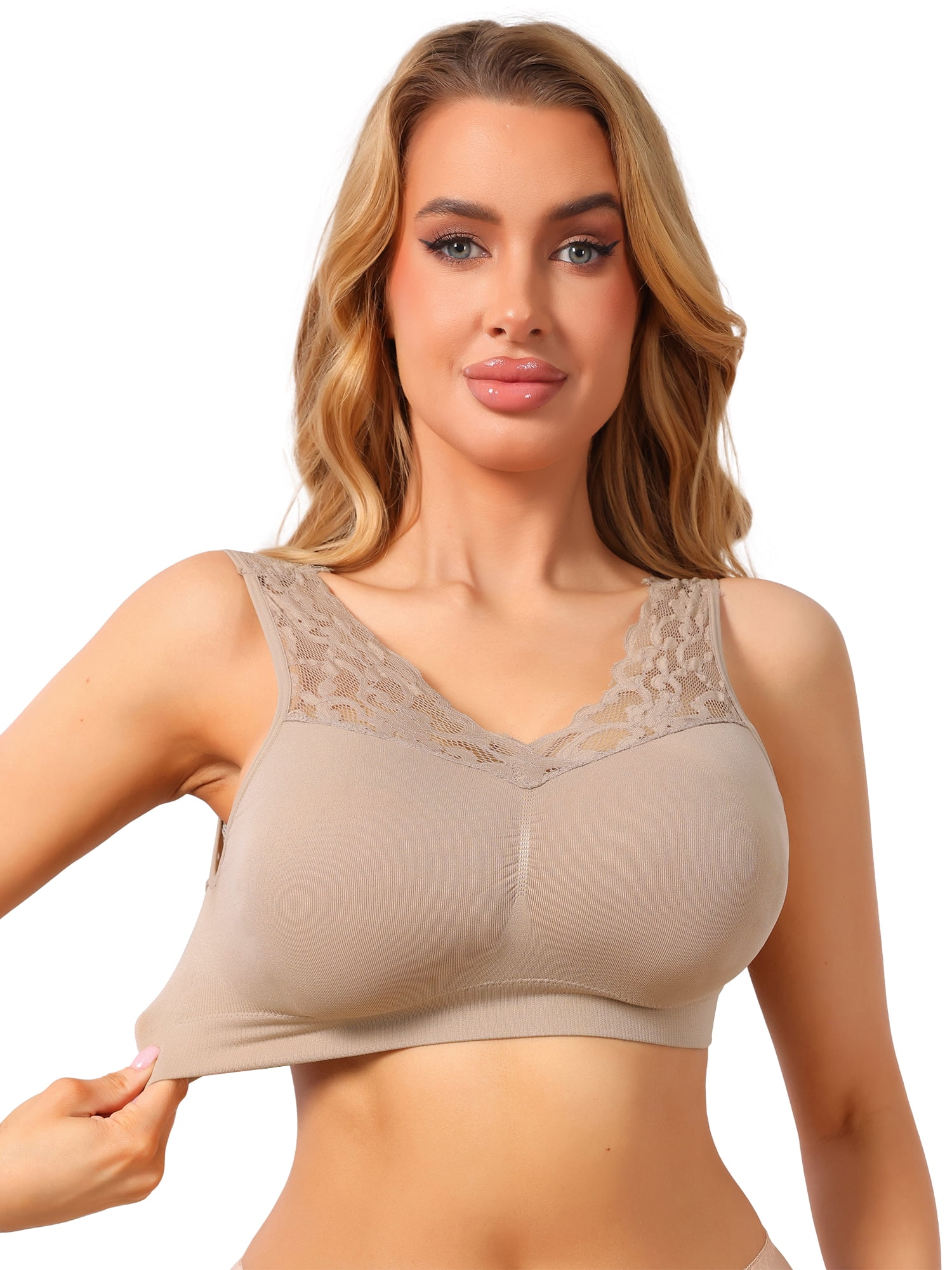 DARING DIVA Women's Lace V Back Wireless Full Coverage Push Up Pullover Bra 2XL Beige