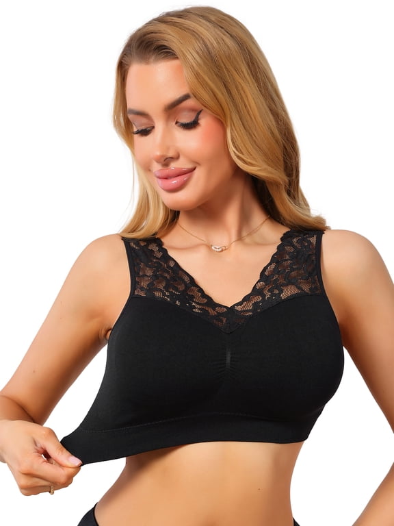 Women's Lace V Back Wireless Full Coverage Push Up Pullover Bra 2XL Black