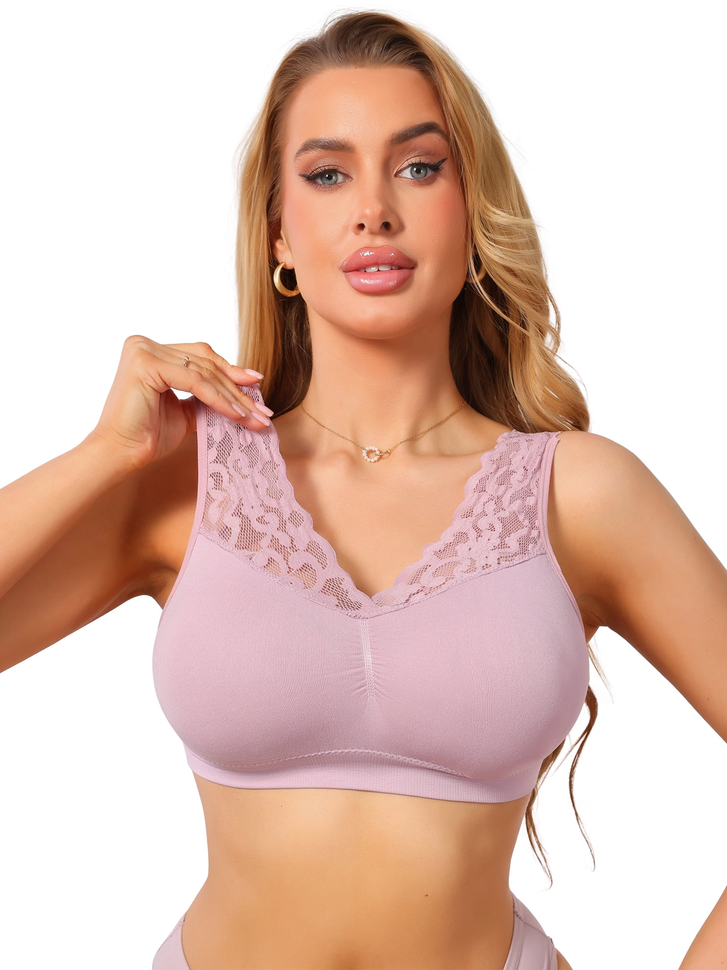 DARING DIVA Women's Lace V Back Wireless Full Coverage Push Up Pullover Bra L Pink