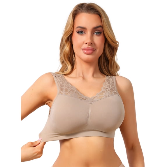DARING DIVA Women's Lace V Back Wireless Full Coverage Push Up Pullover Bra M Beige