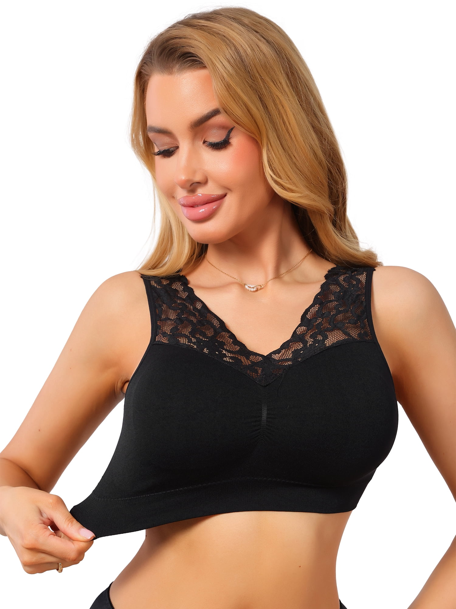 DARING DIVA Women's Lace V Back Wireless Full Coverage Push Up Pullover Bra XL Black