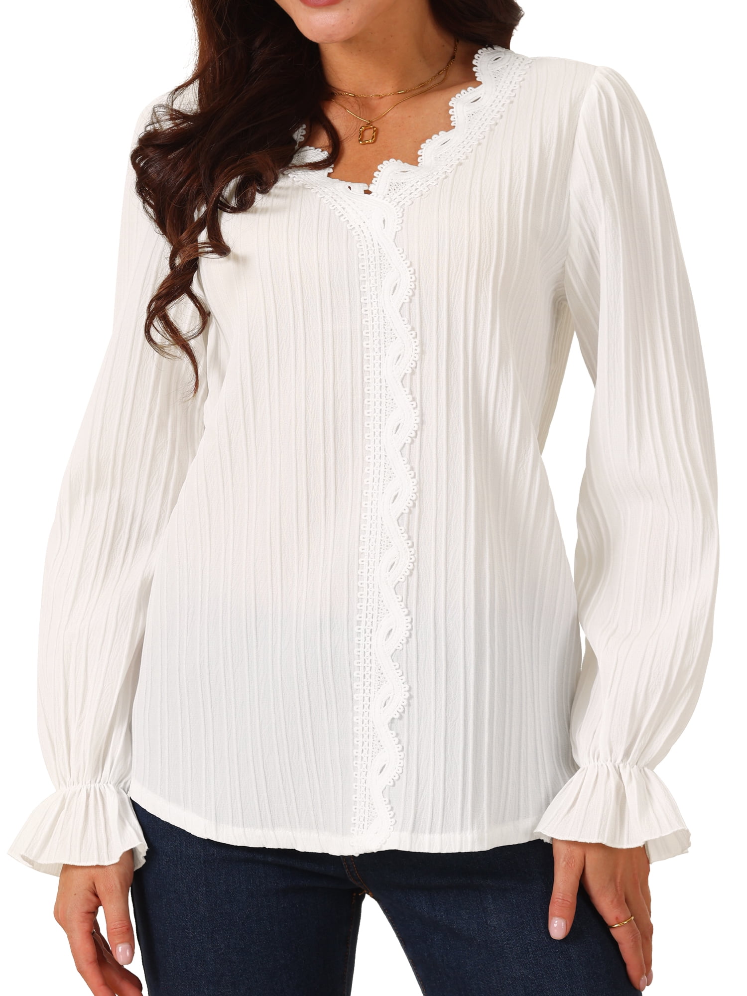 DARING DIVA Women's Lace V Neck Lantern Sleeve Fashion T Shirt XL White
