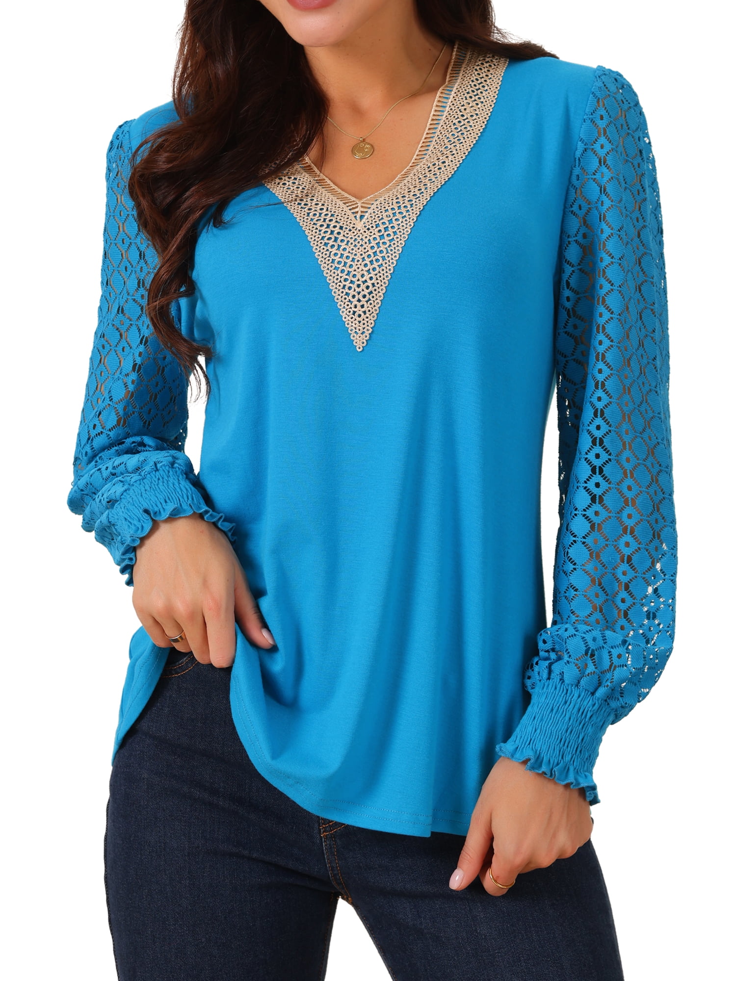 DARING DIVA Women's Lace V Neck Tops Mesh Long Sleeve Fashion T Shirt XL Blue