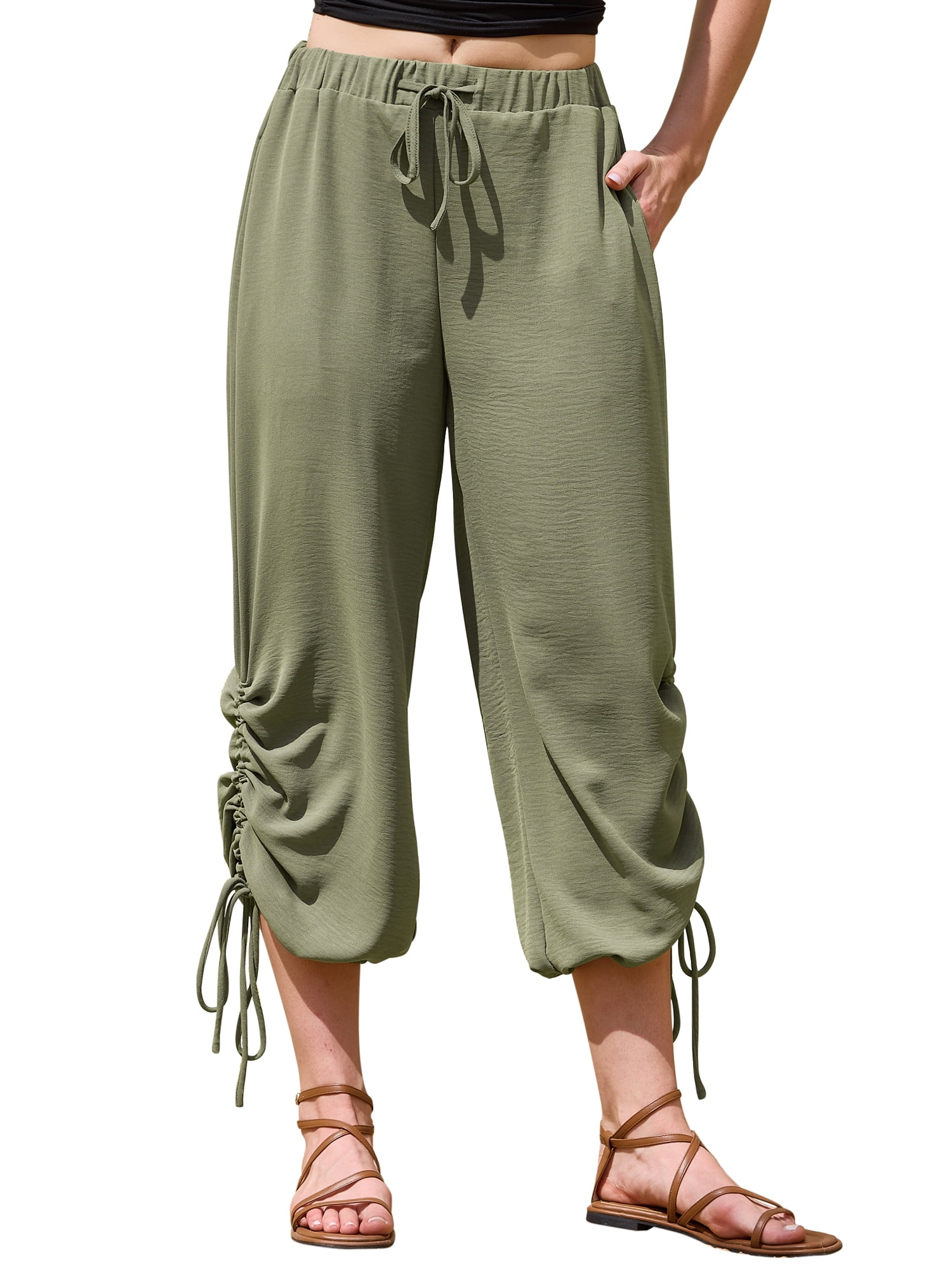 DARING DIVA Women's Lantern Cropped Wide Leg Pants Large Army Green