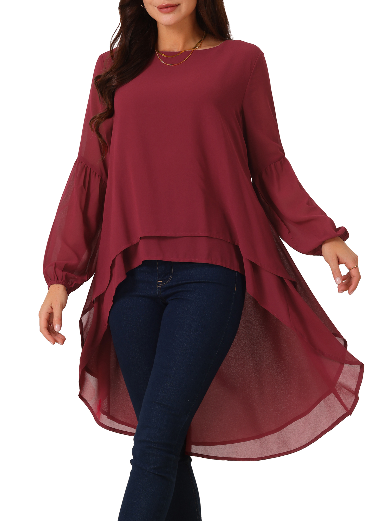 DARING DIVA Women's Lantern High Low Asymmetrical Irregular Hem Blouse Tops XL Dark Red