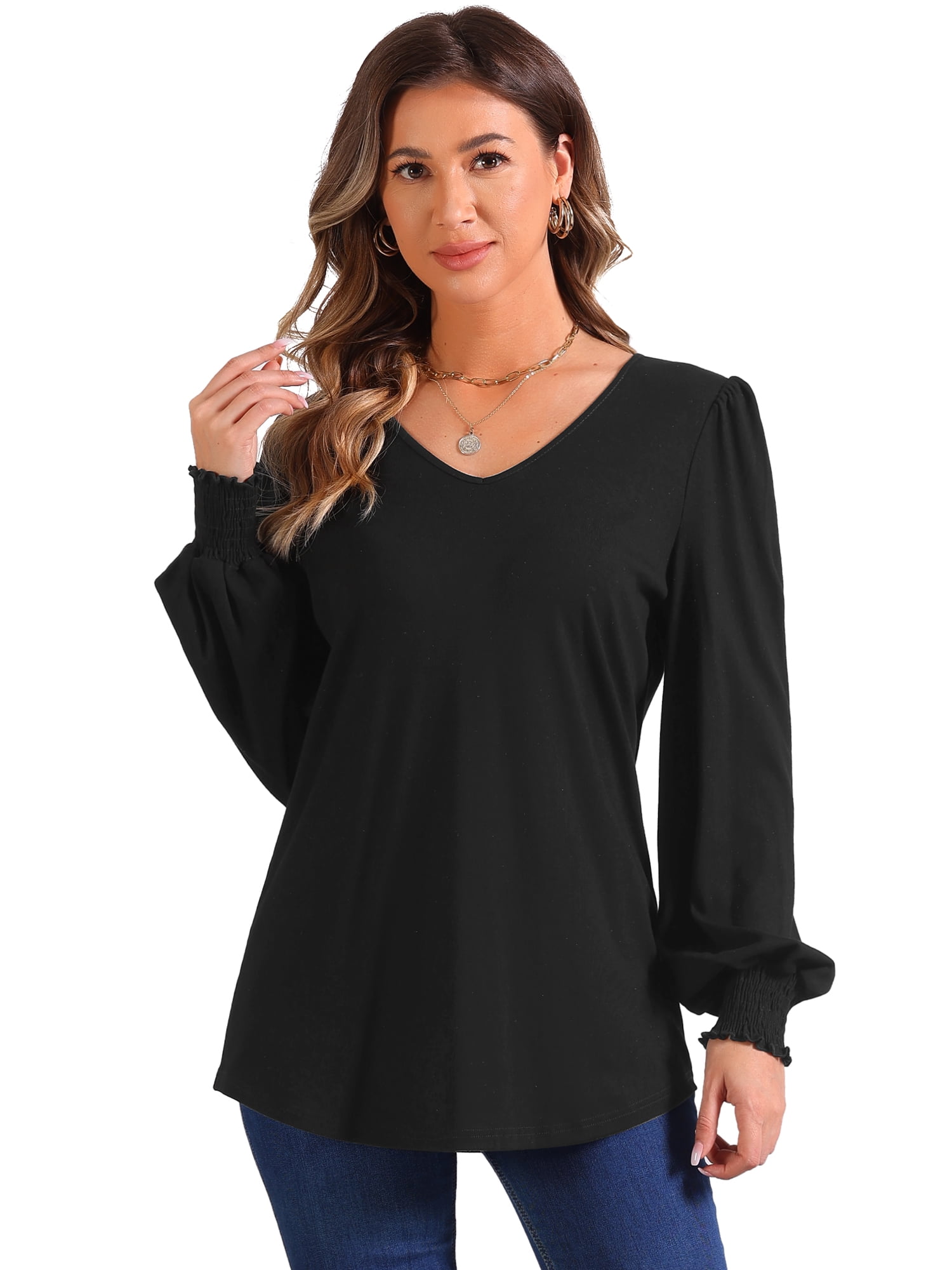 DARING DIVA Women's Lantern Sleeve Smocked Cuffs Pullover Sweater Tops XS Black