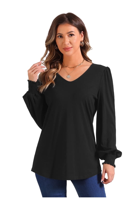 Women's Lantern Sleeve Smocked Cuffs Pullover Sweater Tops XS Black