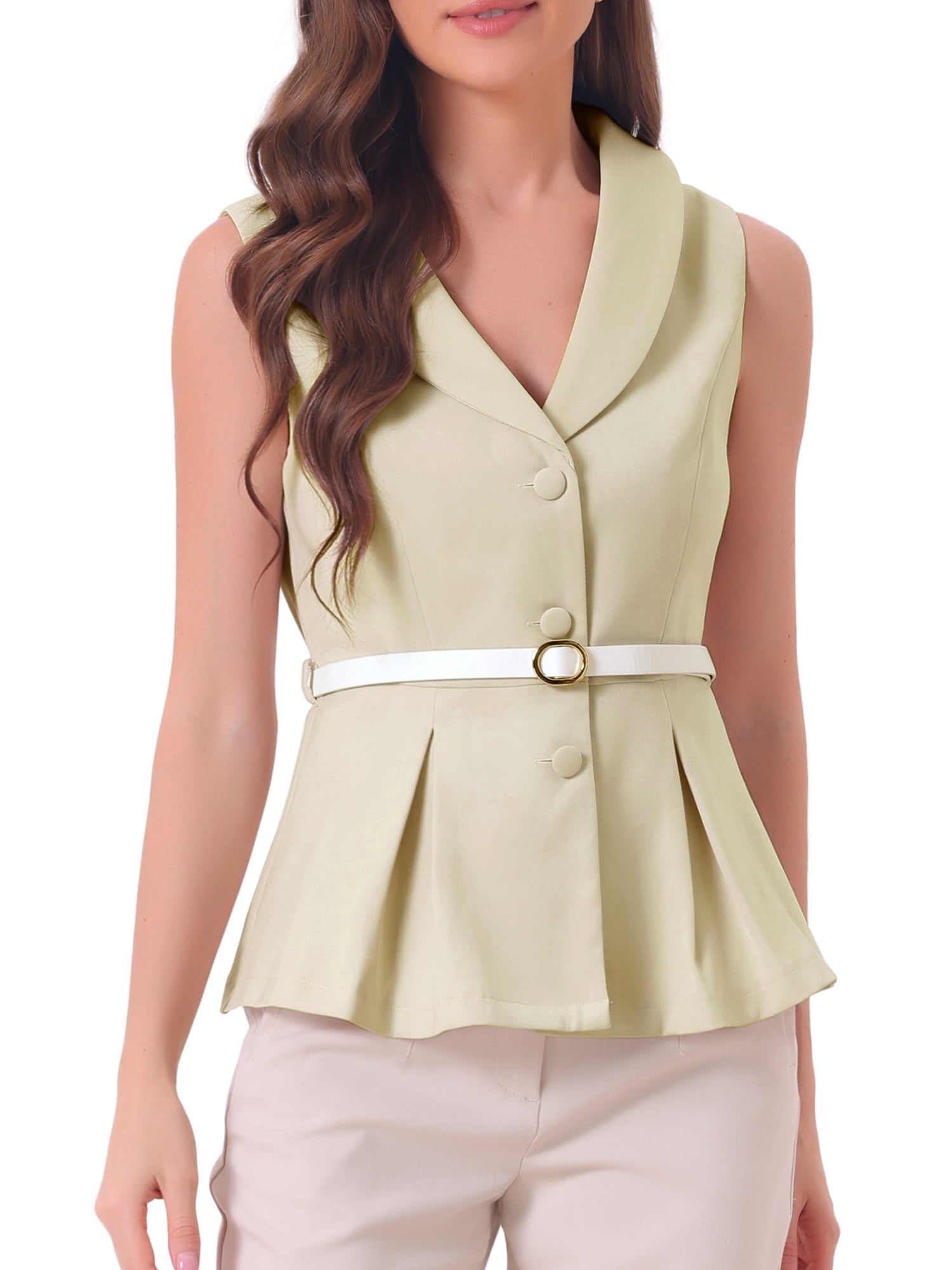 DARING DIVA Women's Lapel Collar Button Down Sleeveless Blazer L Beige