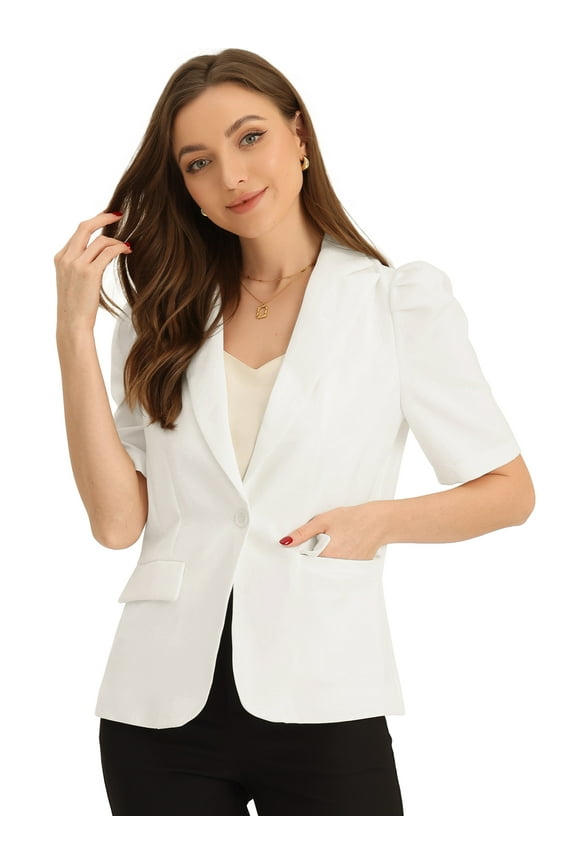 Women's Lapel Collar Buttoned Summer Office Jacket M White