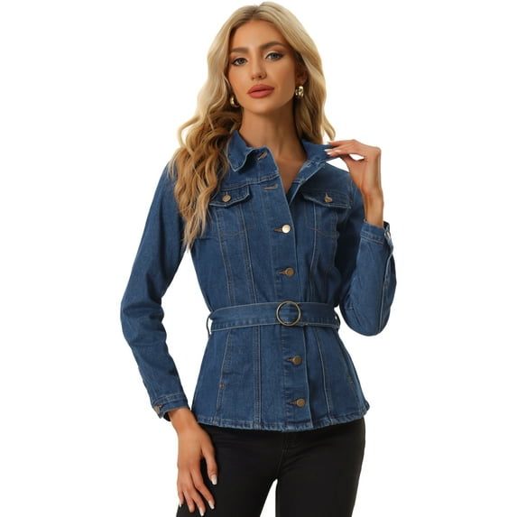 DARING DIVA Women's Lapel Collar Denim Belted Single Breasted Jean Jackets XS Dark Blue