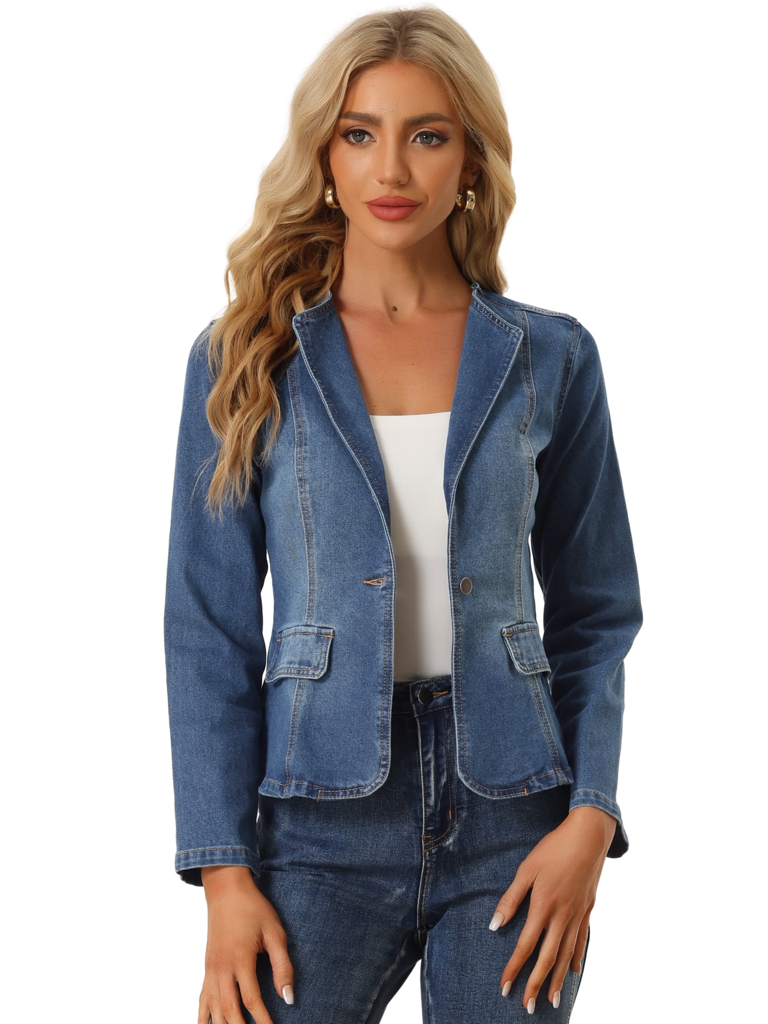 DARING DIVA Women's Lapel Collar Jean Jacket One Button Work Denim Blazer L Blue