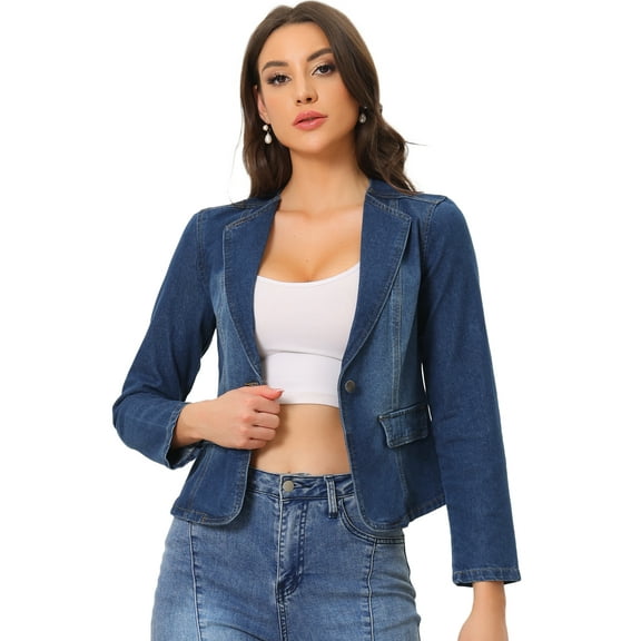 DARING DIVA Women's Lapel Collar Jean Jacket One Button Work Denim Blazer L Dark Blue