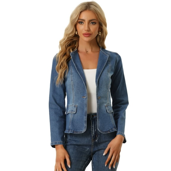 DARING DIVA Women's Lapel Collar Jean Jacket One Button Work Denim Blazer M Blue