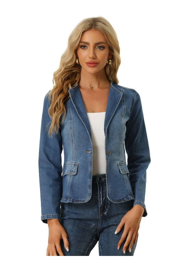 Women's Lapel Collar Jean Jacket One Button Work Denim Blazer S Blue