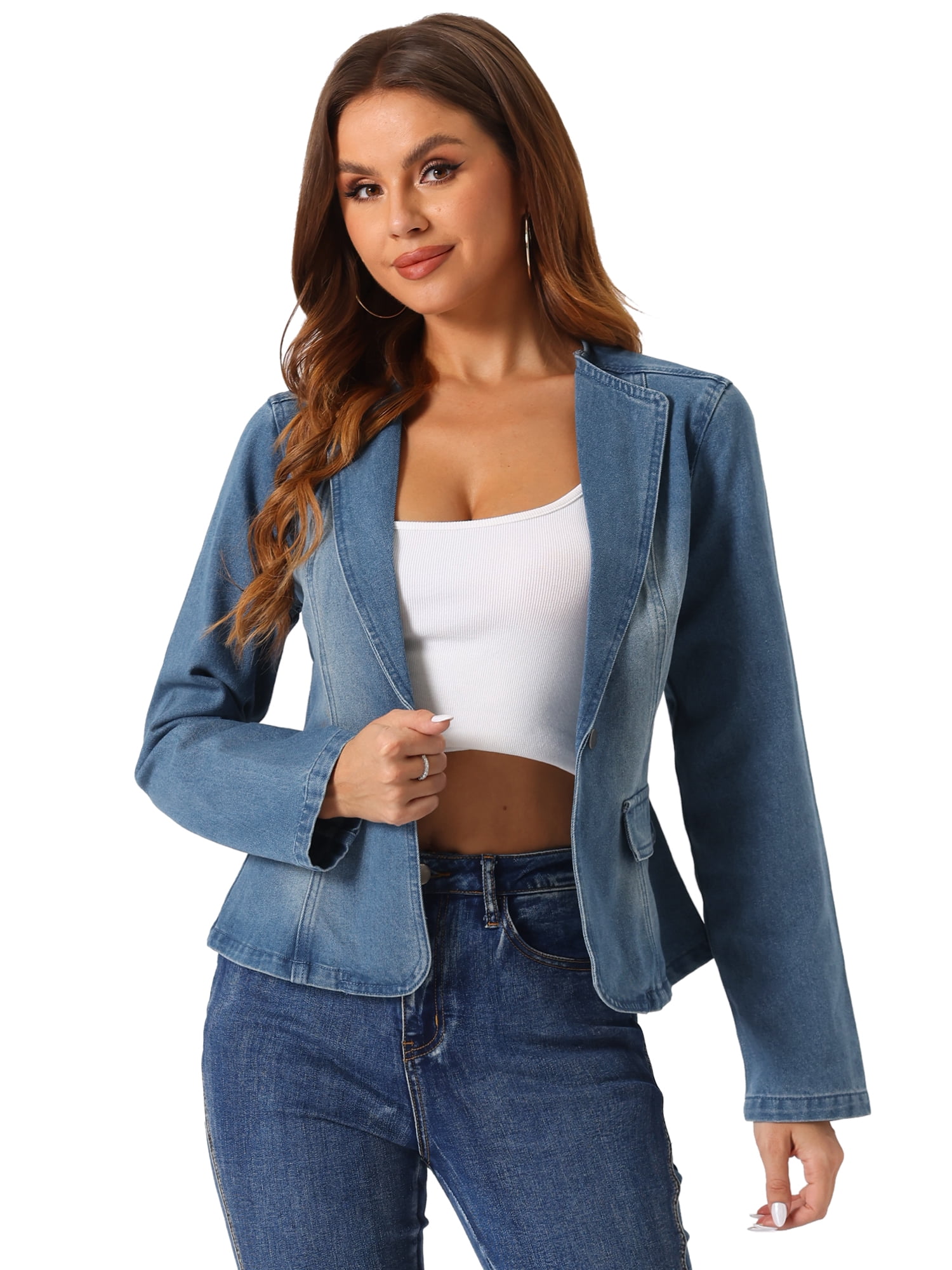 DARING DIVA Women's Lapel Collar Jean Jacket One Button Work Denim Blazer XL Ice Blue