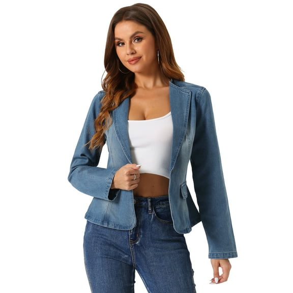 DARING DIVA Women's Lapel Collar Jean Jacket One Button Work Denim Blazer XL Ice Blue